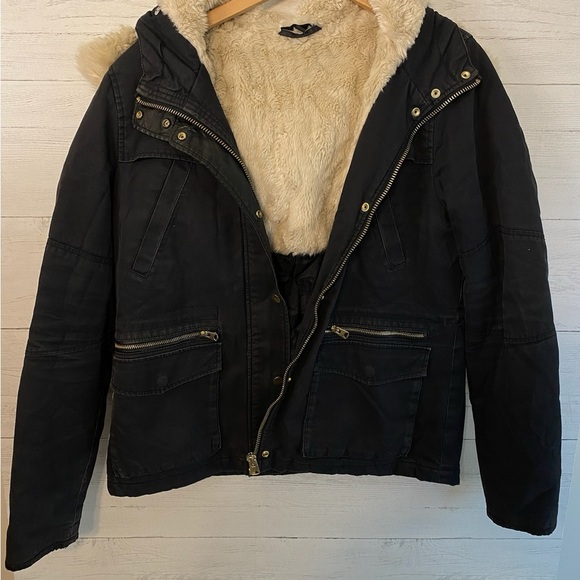 TOP SHOP Women Black Cotton Hooded Parka Jacket Sz 14 Faux Fur Lined Gold Zipper - Picture 3 of 13